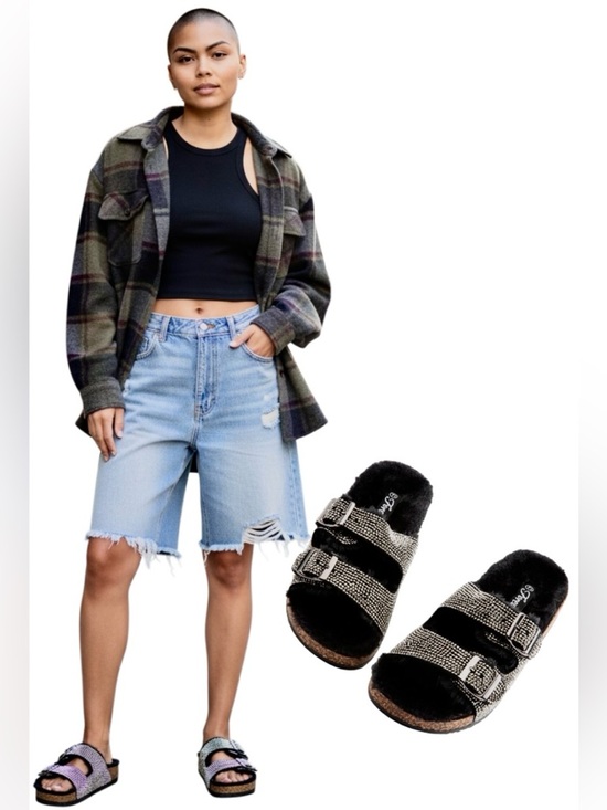 Forever Link Shoes - Forever Link Benefit-31 Rhinestone Black Faux-Fur Double-Buckle Slide Sandals 🖤💎
